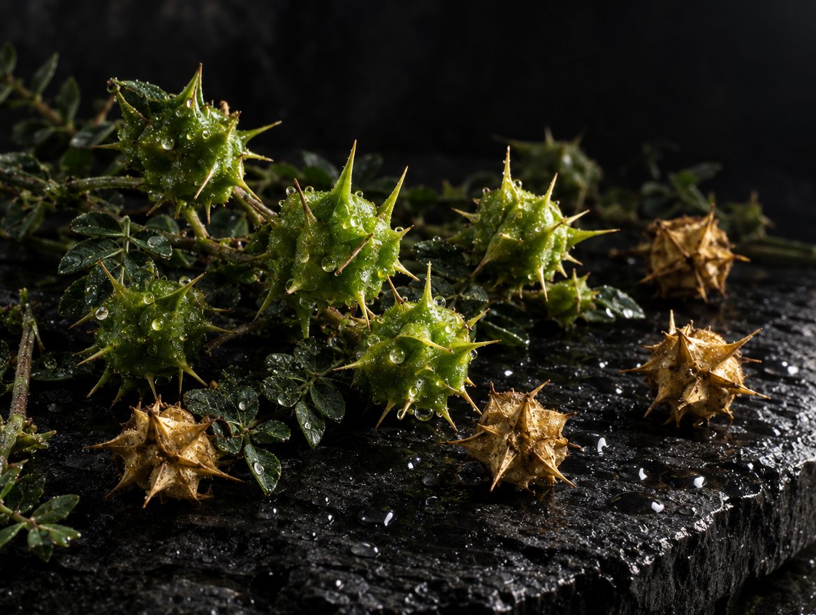 Devil's thorn fruits on wet black stone