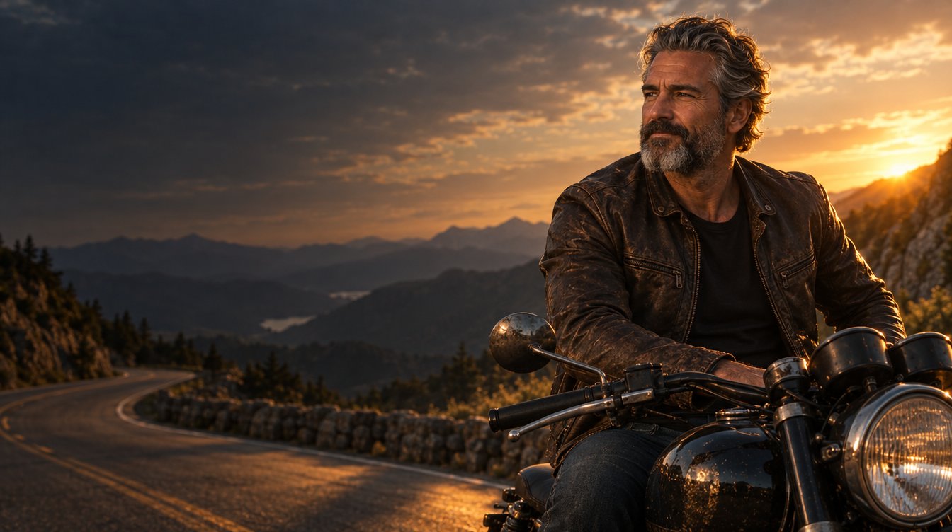 Man in his fifties with a salt-and-pepper beard, leather jacket, on a motorcycle at sunset