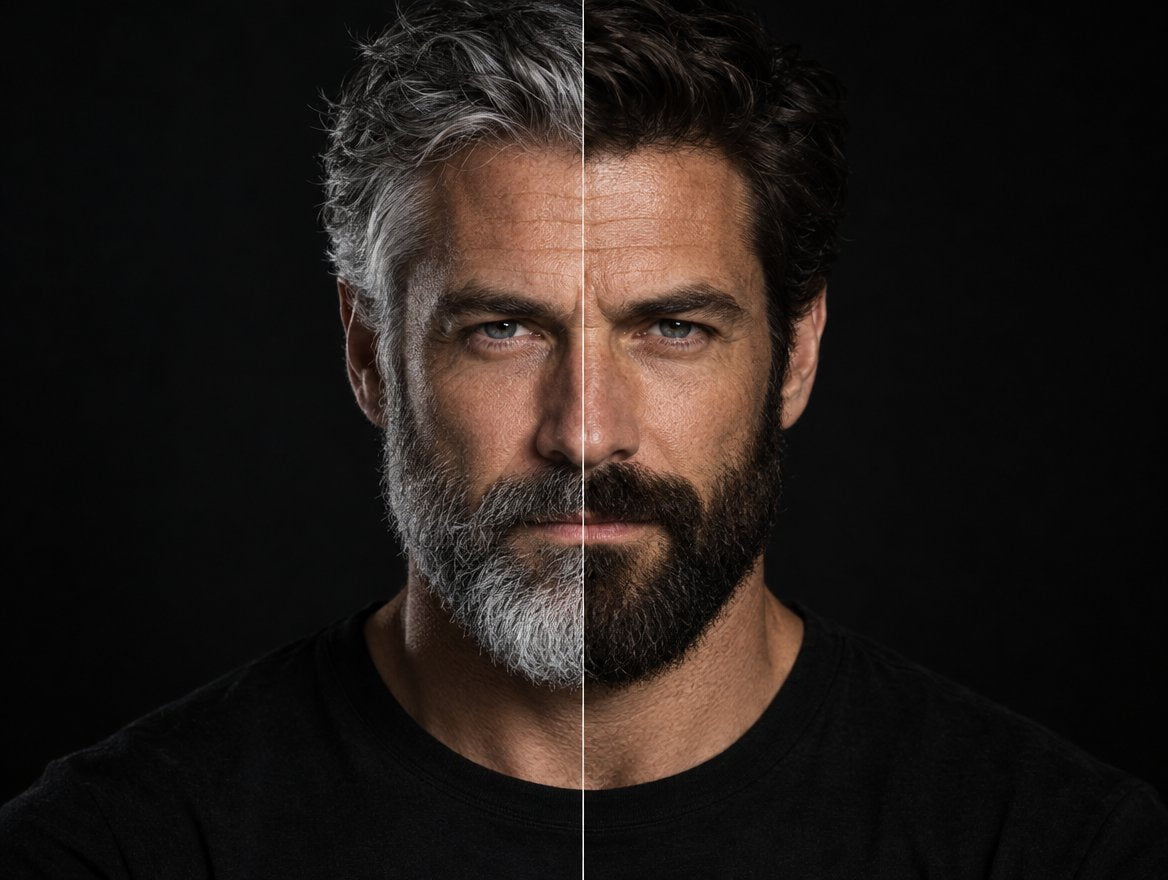 Same man shown half with a gray beard and half with a dark beard
